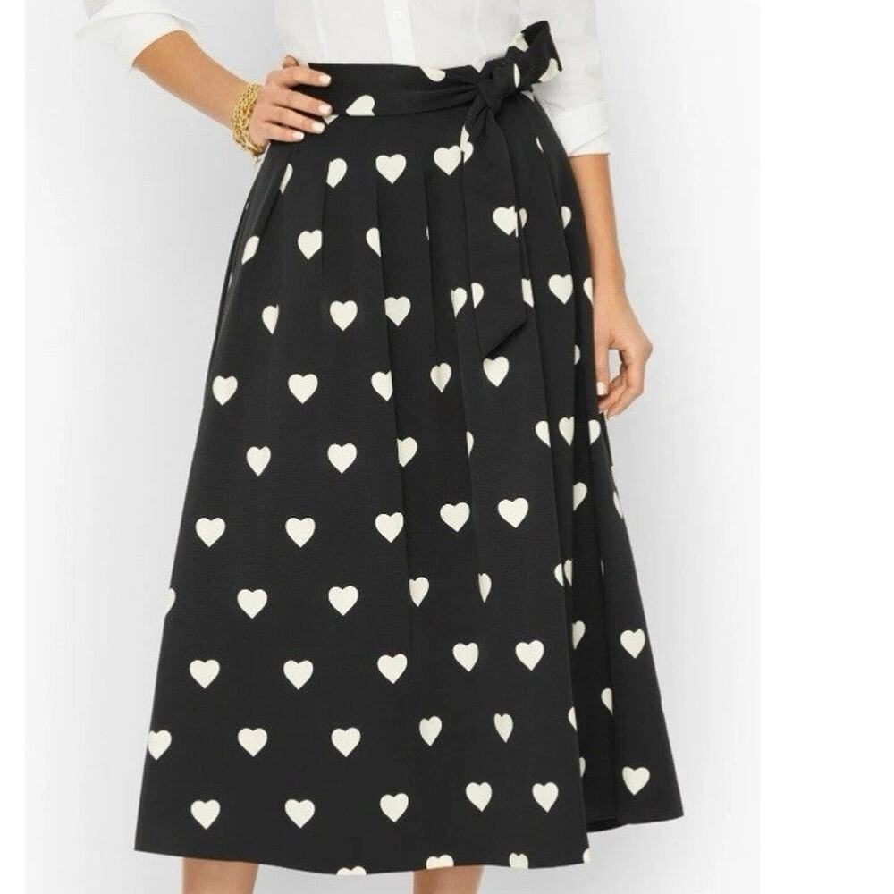 Talbots Tie Waist Maxi Skirt Black White Faille All Over Hearts Print Skirt 8P